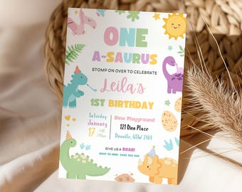 Fille pastel d'invitation d'anniversaire de dinosaure, invitation d'anniversaire rose pourpre de Dino mignon, premier anniversaire de filles, invitation modifiable de 1er anniversaire