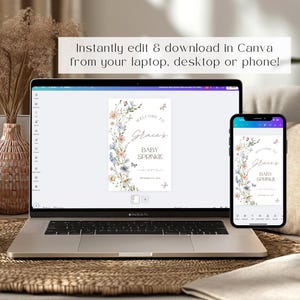 May include: A laptop and smartphone display a baby sprinkle invitation design. The invitation features floral elements and butterflies, with the text "Welcome to Grace's Baby Sprinkle." The image also includes the text "Instantly edit & download in Canva from your laptop, desktop or phone!"