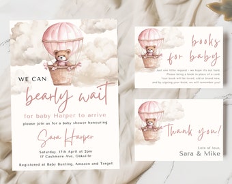 Faire-part pour baby shower Nous pouvons attendre longtemps, Modèles d'invitation pour baby shower Nous pouvons attendre longtemps, Ours en peluche rose, Modèles d'invitation pour baby shower