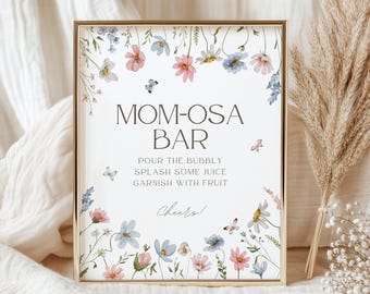 Momosa Bar Table Sign, Baby Shower Sign, Wildflower Baby Shower Sign, Baby In Bloom Baby Shower, Spring Summer Baby Shower Sign Template
