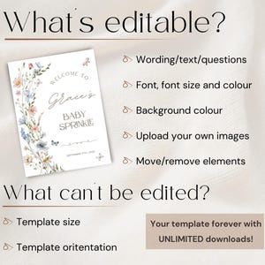 May include: A printable baby sprinkle invitation template with floral and butterfly accents. The invitation features the text "Welcome to Grace's Baby Sprinkle" and details about what can and cannot be edited, such as wording, font, and background color.