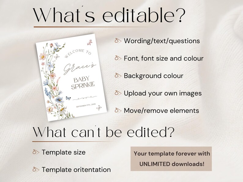 May include: A printable baby sprinkle invitation template with floral and butterfly accents. The invitation features the text "Welcome to Grace's Baby Sprinkle" and details about what can and cannot be edited, such as wording, font, and background color.