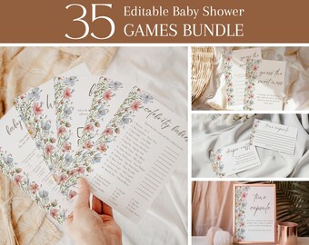 Puede incluir: Un conjunto de 35 juegos de baby shower imprimibles con un diseño floral con flores rosas y azules. Los juegos incluyen "Adivina los bebés de las celebridades", "Baby Bingo", "Cápsula del tiempo" y "Rifa de pañales".