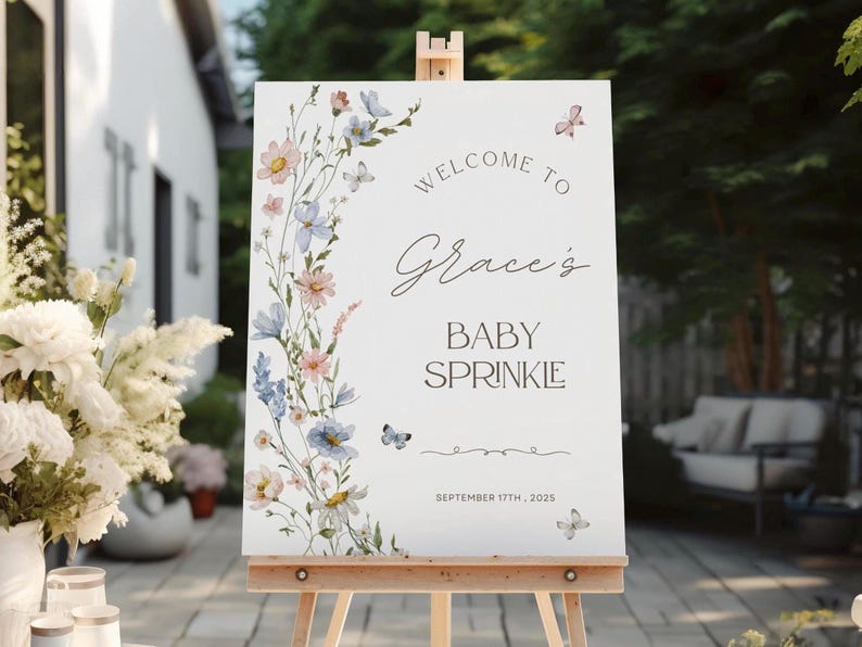 Baby Sprinkle Welcome Sign, Wildflower Baby Welcome Sign, Floral Baby Shower Sign, Baby in Bloom Baby Sprinkle Sign, Pink Blue Baby Sign image 1
