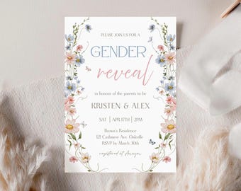 Wildflower Gender Reveal Invitation, He or She Invite, Boho Gender Reveal, Spring Floral Gender Reveal, Summer Baby, Gender Announcement
