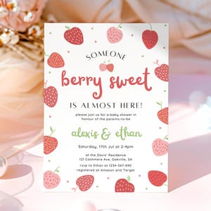 Berry Sweet Baby Shower Invitation, Strawberry Baby Shower Invite, Pink Berry Sweet Invite, Girl Baby Shower Invite,Editable Invite Template