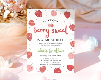 May include: A baby shower invitation with a white background, adorned with red and pink strawberries. The text "berry sweet" is prominently displayed, along with event details for Alexis & Ethan.