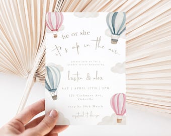 Balloon Gender Reveal Invitation, He or She Gender Reveal Invite, Hot Air Balloon Baby Shower, Baby Gender Reveal Announcement