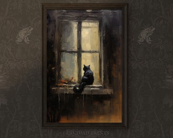 Black Cat Vintage Dark Moody Art, Goth Dark Academia Aesthetic Printable Wall Art, Sad Cat Painting Black Cat Lover Gift Women Decor