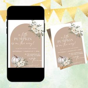 Editable Little Pumpkin Baby Shower Invitation  Tan Beige Boho Text Message Invite Template Instant Download