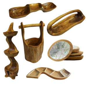 Handmade Teak Wood Root Bowls and Baskets | Hand-Carved Natural Wooden Art | Multi-Purpose Teak Wood Root Display & Serving Bowls and Basket