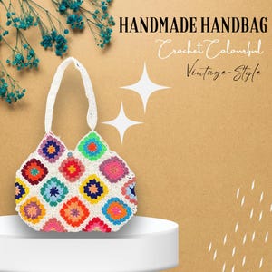 Handmade White Crochet Granny Square Tote Bag – Colourful Vintage-Style Boho Shoulder Bag with Button Closure