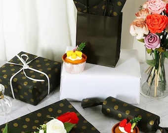 Black Gold Polka Dot Tissue Paper | Luxury Gift Wrap Sheets | Elegant Packaging Paper | Polka Dot Sheets with Custom Sticker