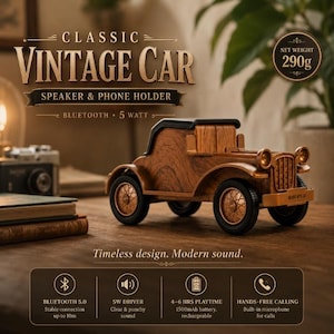 Puede incluir: Un altavoz Bluetooth y soporte para teléfono con forma de coche antiguo de madera, con 5 vatios de potencia y 290g de peso neto. El dispositivo tiene un acabado de madera marrón, ruedas negras y rejilla frontal. Texto: Classic Vintage Car, Speaker & Phone Holder, Bluetooth 5.0, 5W Driver, 4-6 hrs playtime, hands-free calling.