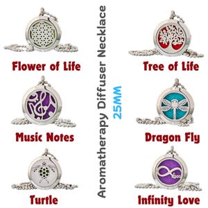 Puede incluir: Seis collares difusores de aromaterapia plateados con diferentes diseños. Los diseños incluyen una flor de la vida, un árbol de la vida, notas musicales, una libélula, una tortuga y el infinito del amor. Los collares tienen un diámetro de 25 mm.