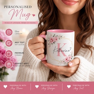 Pode incluir: Uma caneca de cerâmica branca com capacidade de 325 ml, interior e asa cor-de-rosa. O design inclui uma letra K grande em rosa, o nome Katherine em letra cursiva preta e uma coroa de flores cor-de-rosa com uma moldura geométrica dourada.