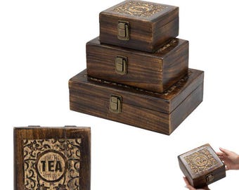 Handcrafted Mango Wood Tea Box: Carved Wooden Organizer
