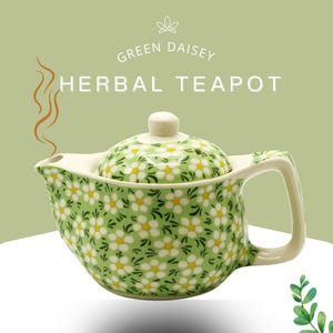 Bule de chá de ervas com margaridas verdes | Bule de cerâmica com coador | Bule de chá de ervas com flores | 350 ml | Presente de chá | Bule de chá com margaridas e opção de conjunto de xícaras