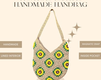 Handmade Crochet Sunflower Shoulder Bag, Boho Floral Granny Square Tote, Eco Friendly Crochet Purse, Summer Beach Bag Gift for Her