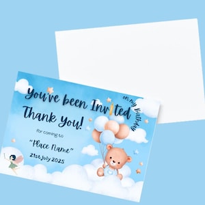 Personalised Birthday Invitation Card | Cute Bear Birthday Invitation 300gsm White Cardstock | Custom Event & Party Invitation Card