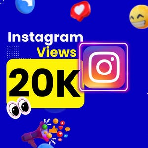May include: A vibrant graphic with the text "Instagram Views 20K" on a blue background. The Instagram logo is featured, along with various social media icons and a megaphone illustration.