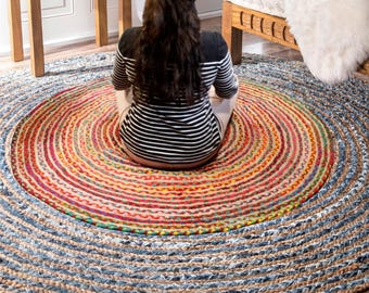 Handmade Round Jute and Recycled Cotton Rugs | Eco-Friendly Durable Rug for Kitchen, Bedroom, and Conservatories | Boho-Chic Home Décor Rugs