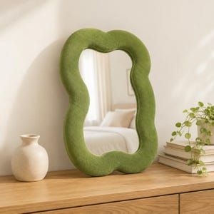 Soft Squiggly Cloud Mirror Moss Green | Wavy Irregular Wall Mirror, Plush Frame Aesthetic Room Decor, Modern Bedroom Accent | MSSM-08