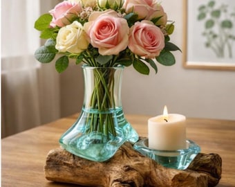 Vaso in vetro fuso su base in legno | Decorazione elegante per la casa