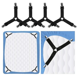 Bed Sheet Fasteners , Adjustable Elastic Sheet Suspenders, Triangle Bed  Clips for Sheets, Bedsheet Gripper Holder Make Sheet Stays, Corner Garters  Mattress Straps Keep Sheets In Place, Fitted for King Queen Single