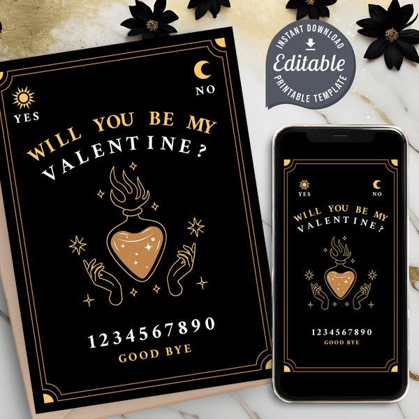 Bewerkbare Valentijnsdagkaart, Valentijnsdag, Instant Download, Afdrukbaar, Spirit Board, Ouijabord, Digitale sjabloon, Tarotkaart, Uitnodiging