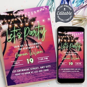 Puede incluir: Invitación de fiesta de cumpleaños de temática tropical editable con un fondo de puesta de sol rosa y morado, palmeras y luces de cadena. El texto dice "Let's Party" e incluye el nombre "Damon Wilson", la fecha "July 19" y la hora "7:00 PM".