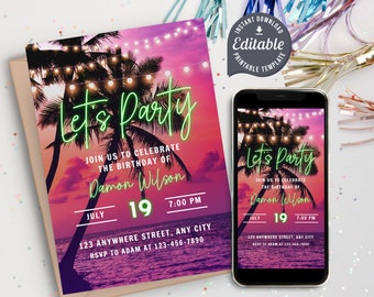 Editable Tropical Beach Party Birthday Invitation Instant Download Printable Digital Template Neon Event Phone Electronic Mobile Sunset