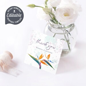 Strelitzia Wedding Watercolor Thank You Favor Tag Template, Instant download, Editable JetTemplate, Printable Card,