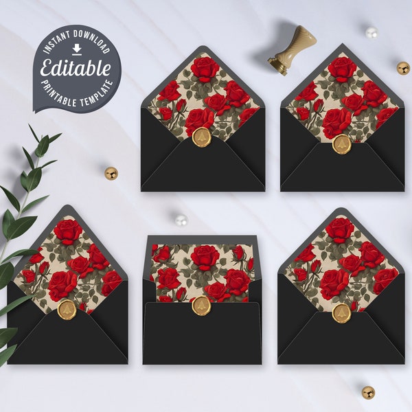 Red Rose A7 Editable Envelope Liner Template, 5x7, Wedding Envelope Liner, Instant Download, Printable, Euro Flap, Square Flap, Rounded