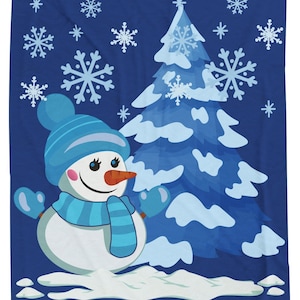Blue snowman Velveteen Plush Blanket, Let it snow, cozy Christmas throw, Winter holiday bedding, Blue snowflake decor, Christmas gift