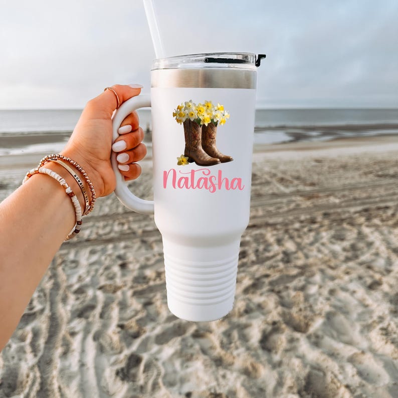 Personalized Floral Tumbler, Cowboy Boots, March Birth flower Gift image 7
