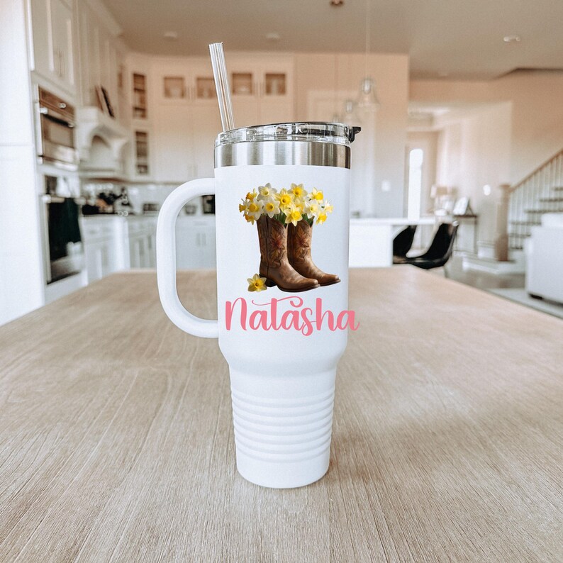Personalized Floral Tumbler, Cowboy Boots, March Birth flower Gift image 12