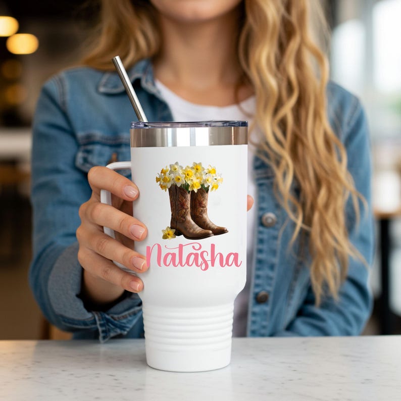 Personalized Floral Tumbler, Cowboy Boots, March Birth flower Gift image 5