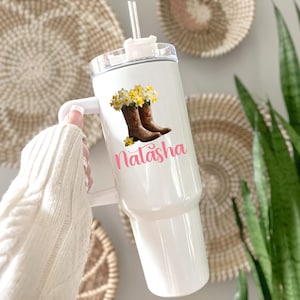Personalized Floral Tumbler, Cowboy Boots, March Birth flower Gift image 1