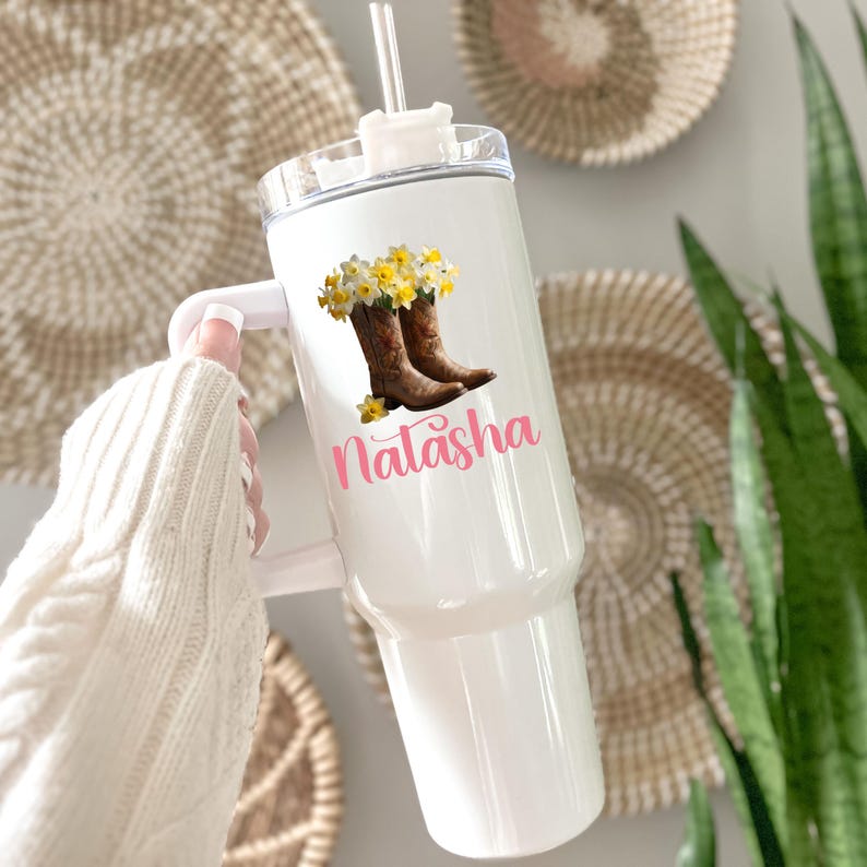 Personalized Floral Tumbler, Cowboy Boots, March Birth flower Gift image 1