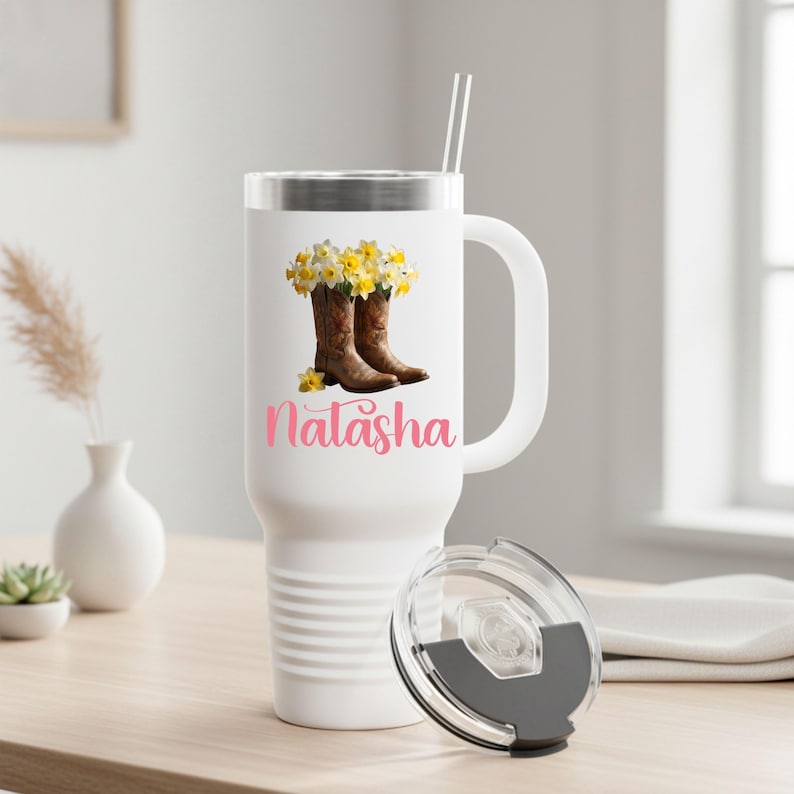 Personalized Floral Tumbler, Cowboy Boots, March Birth flower Gift image 2
