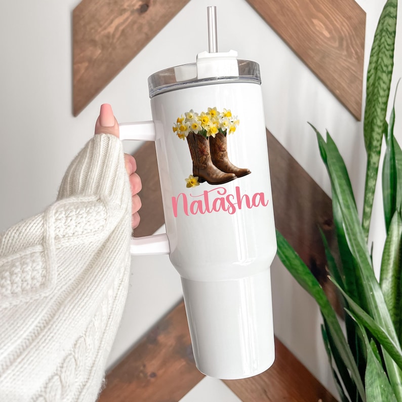Personalized Floral Tumbler, Cowboy Boots, March Birth flower Gift image 9