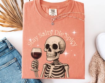 Comfort Colors Halloween Skeleton T-Shirt: Summerween Wine Drinking Tee