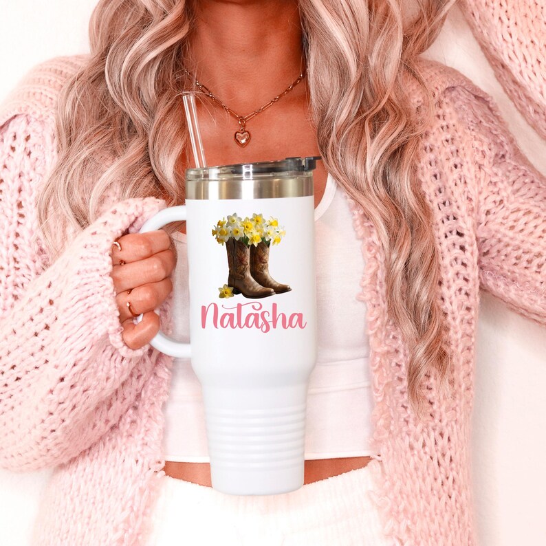 Personalized Floral Tumbler, Cowboy Boots, March Birth flower Gift image 14