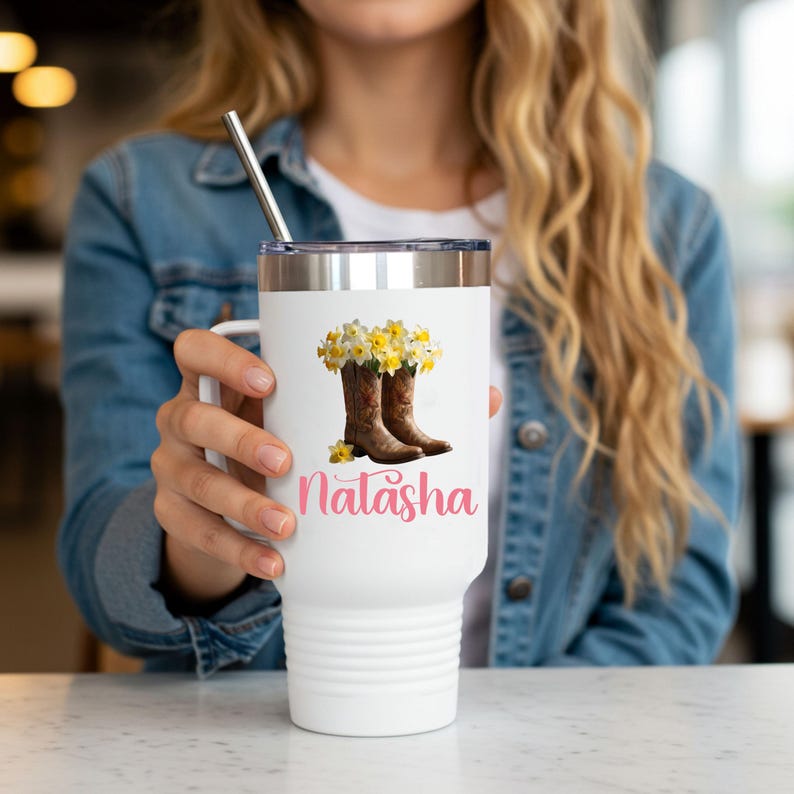 Personalized Floral Tumbler, Cowboy Boots, March Birth flower Gift image 6