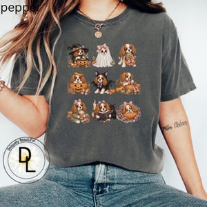 May include: A charcoal grey short-sleeve t-shirt featuring a graphic print of nine Cavalier King Charles spaniels in various Halloween costumes and poses, including pumpkins, a ghost sheet, a witch hat, and a book, arranged in a grid pattern.