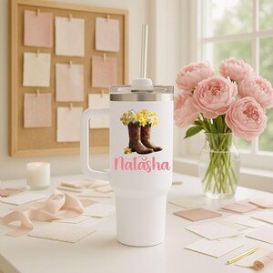 Personalized Floral Tumbler, Cowboy Boots, March Birth flower Gift image 4