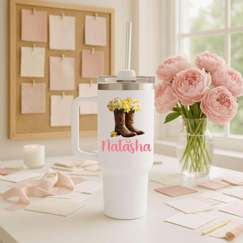 Personalized Floral Tumbler, Cowboy Boots, March Birth flower Gift image 4