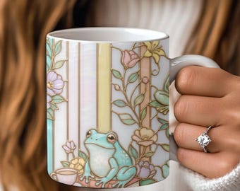 Stained Glass Floral Frog Bookshelf Mug, Bookish Library Coffee Cup, Grandma Gigi Nana Gift, Botanical Ceramic Lover Present