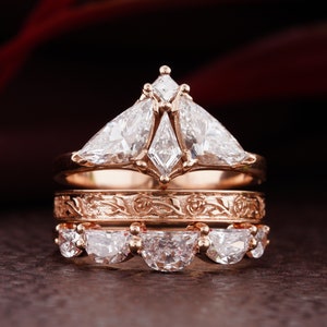 Half Moon Moth Diamond Three Ring Set: 18kt Rose Gold, Trillion & Kite Lab Grown Diamonds - Unique Engagement Gift for Her
